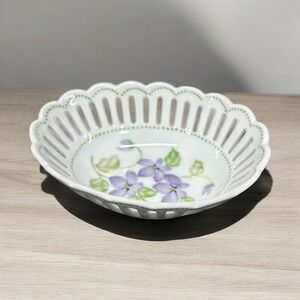 Vintage Andrea‎ by Sadek Oval Reticulated Trinket Dish Purple Floral Porcelain